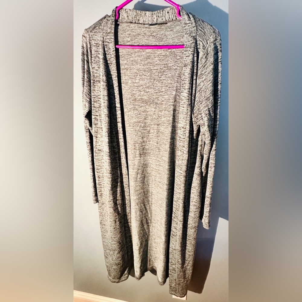 Women’s Hello Mello small Long Cardigan, blue gray color. 42.5 in length